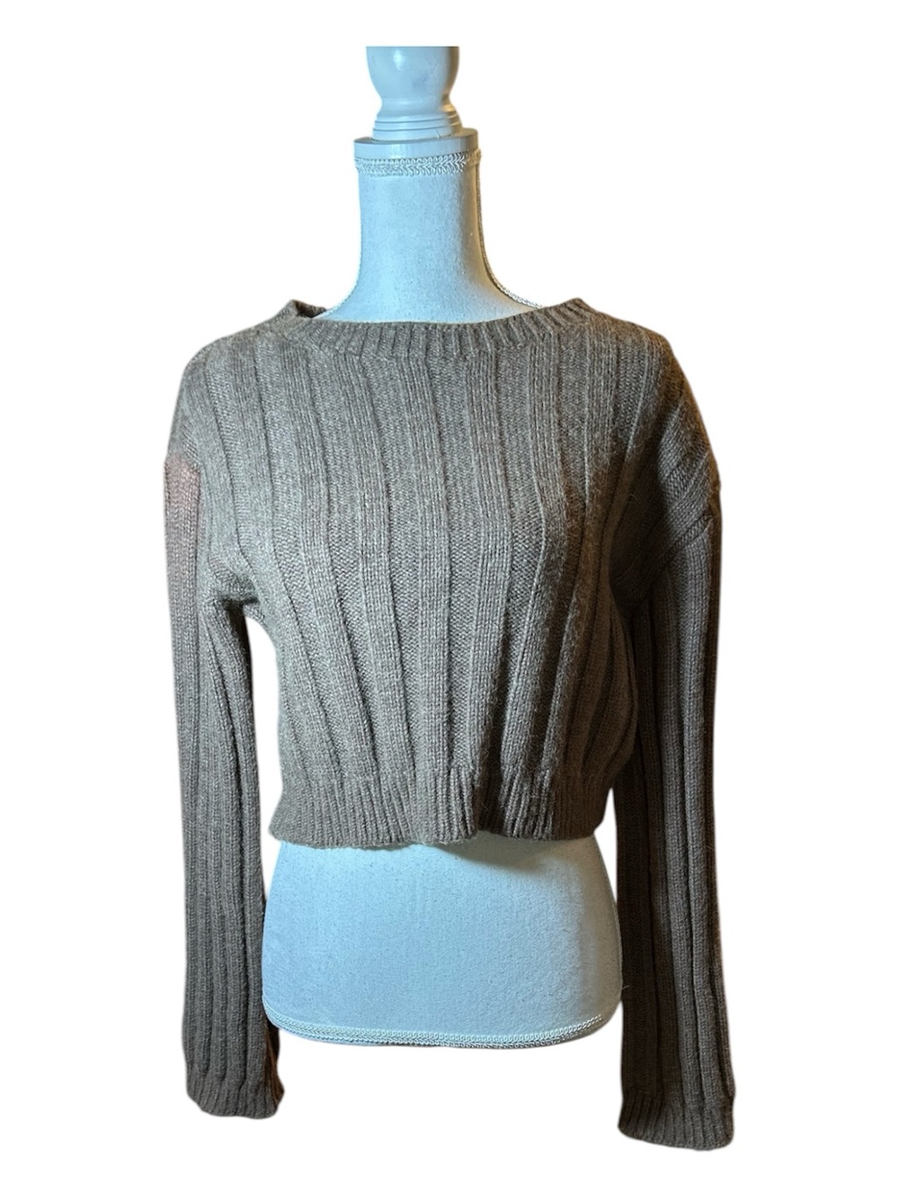 Zara Taupe Cropped Ribbed Knit Sweater